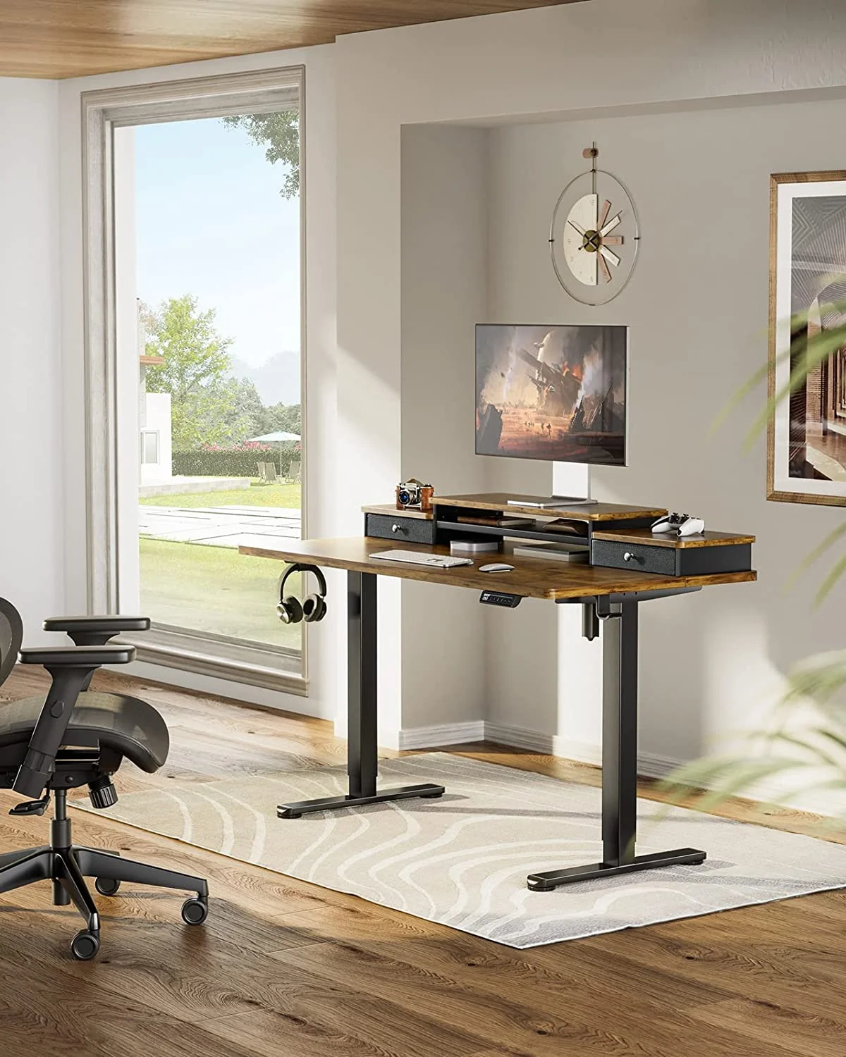 48x24 Inches Adjustable Height Electric Standing Desk with Double Drawers and Storage Shelf Stand Up Desk Computer Desk for Home Office