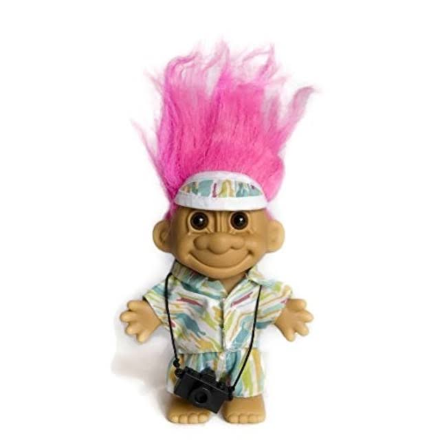 My Lucky Vacation Tourist Troll Doll W / Camera Photographer Troll Doll Camera Man Pink Hair