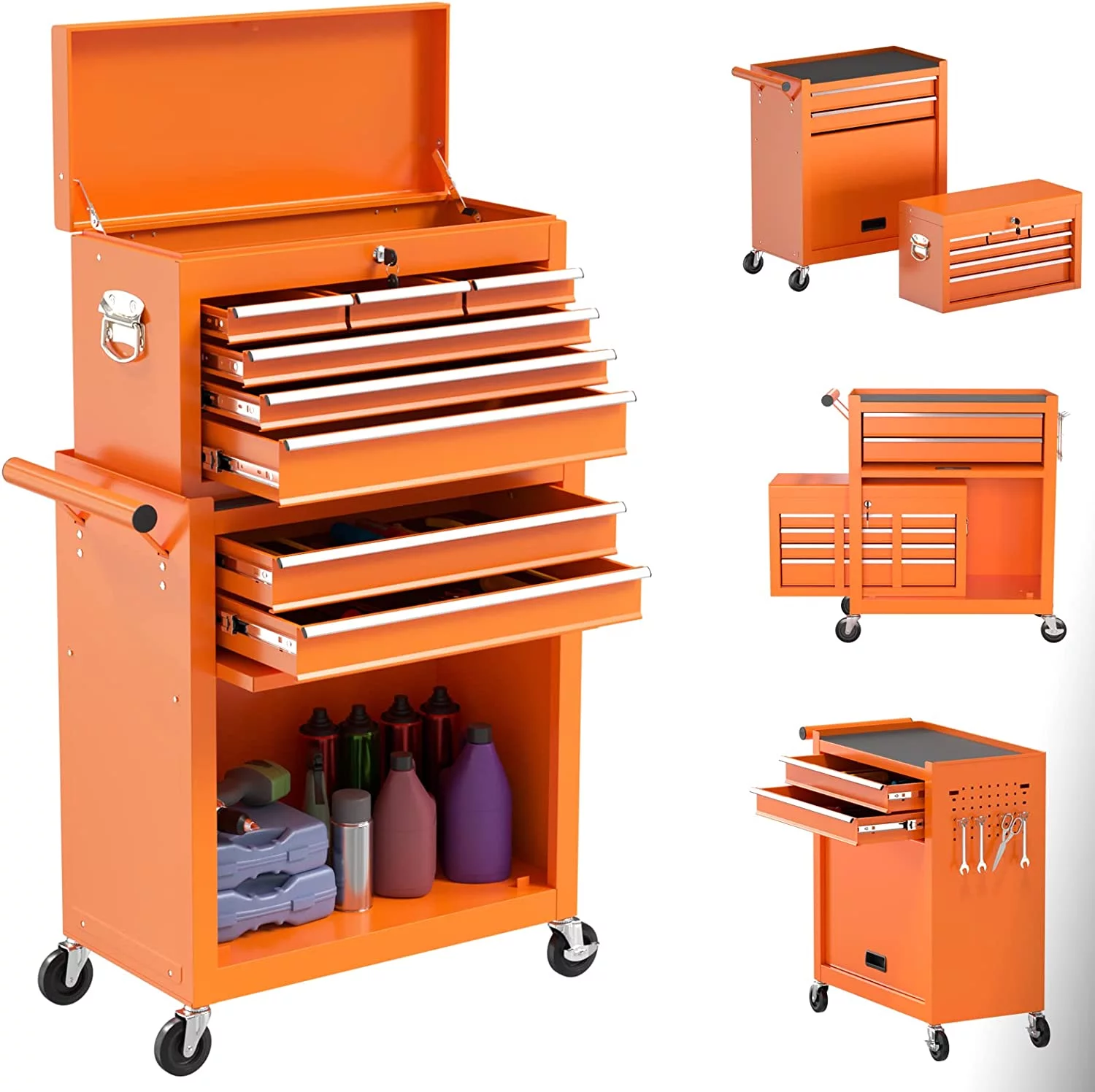 Rolling Tool Chest with Wheels and 8 Drawers, Detachable Large Toolbox Storage Cabinet with Lock,Locking Mechanic Tool Cart for Warehouse, Workshop,Garage,Blue