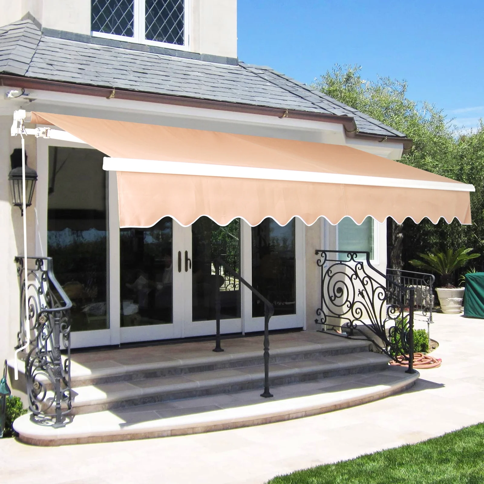 Retractable Patio Awning 6.5’x8.2’ Sun Shade Awning with Manual Crank Handle, Window Door Shelter Awning for Patio/Balcony/Yard,Tan