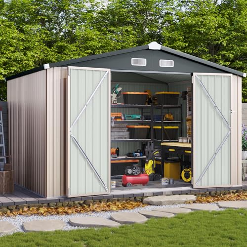 Aoxun 10 x 12FT Outdoor Storage Shed with Double Hinged Large Door Utility Garden Shed with Lockable Door & Sloped Roof Metal Sheds Outdoor Storage for Garden, Backyard, Patio and Backyard, Brown
