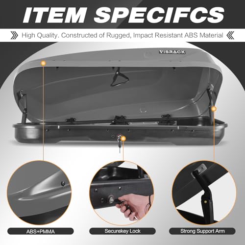 Gray Rooftop Cargo Box Carrier Large 13 Cubic Feet Car Top Mount Travel Luggage Storage, Dual Side Opening, Roof Cargo Boxes Waterproof Rooftop Storage Box Extra Keys, Straps