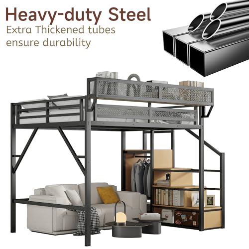 Full Size Loft Bed with Stairs and Storage, Metal Loft Bed Frame with Bedside Shelf and Large Under-Bed Space, Heavy-Duty Bed for Adults Teens and Kids, Black