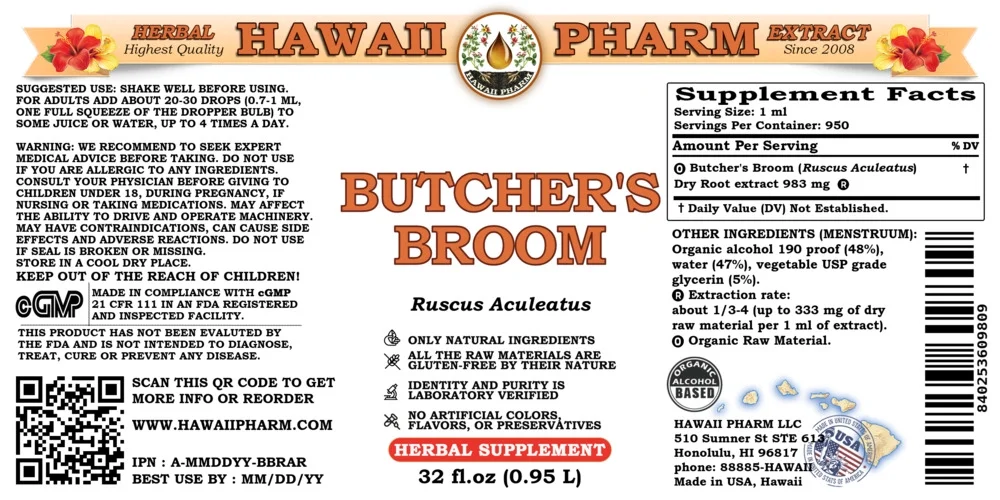 Butcher's Broom (Ruscus Aculeatus) Dry Root Liquid Extract. Expertly Extracted by Trusted HawaiiPharm Brand. Absolutely Natural. Proudly made in USA. Tincture 32 Fl.Oz