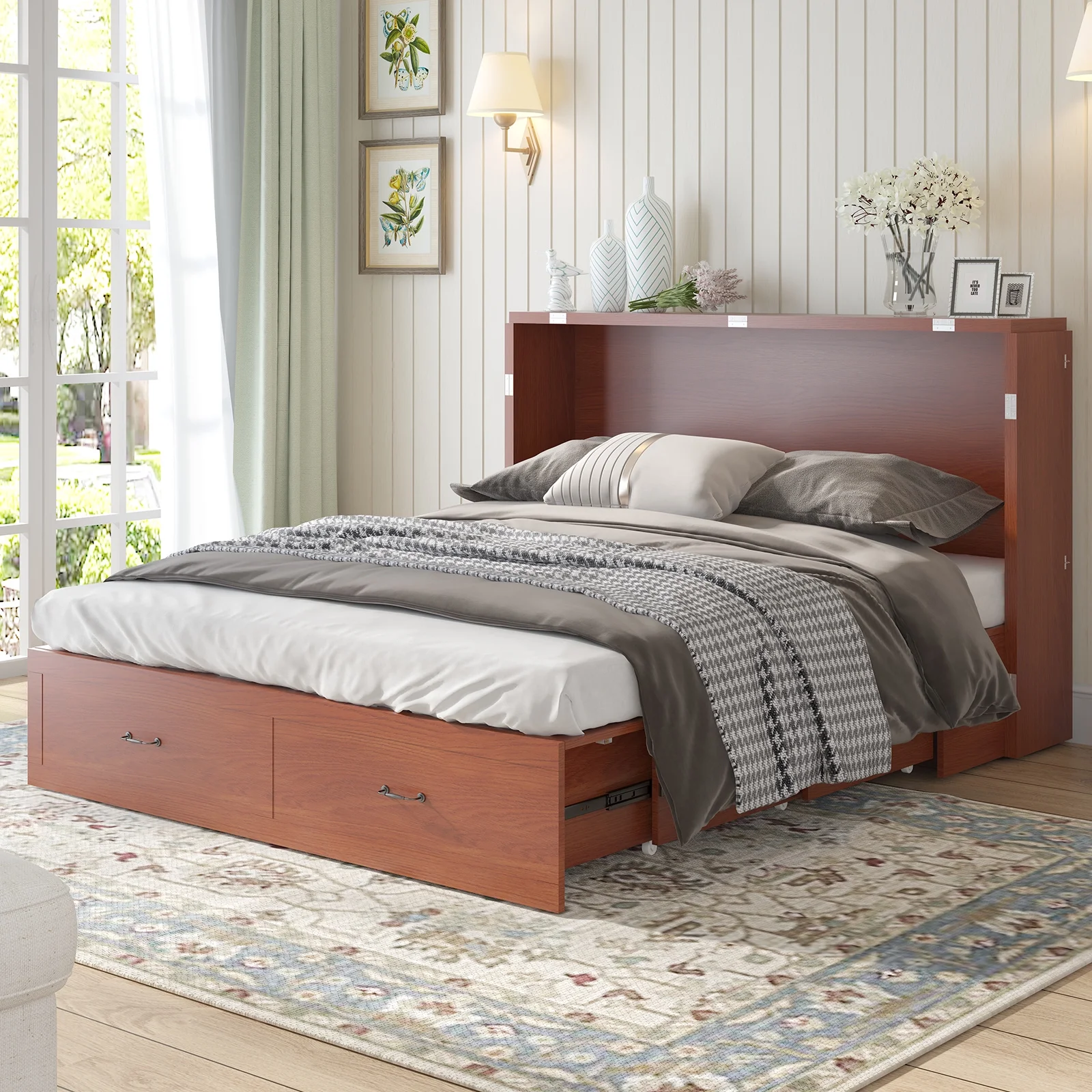 Mjkone Queen Size Murphy Cabinet Bed, Solid Pine Wall-Bed with 3 Charging Stations, 2 Storage Drawers, and Comfy Foldable Mattress for Bedroom, Office and Small Spaces (Burnt Orange)