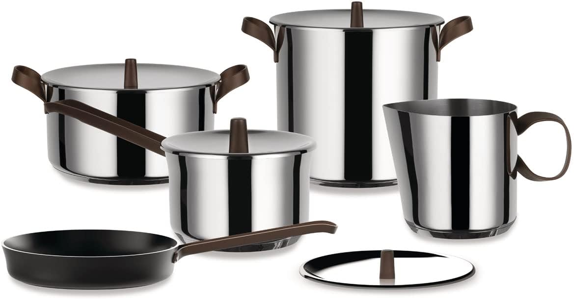 Alessi PU309 edo Asparagus steamer with basket and lid in 18/10 stainless steel. Handles in 18/10 stainless steel with PVD coating, brown. Magnetic steel bottom suitable for induction cooking.