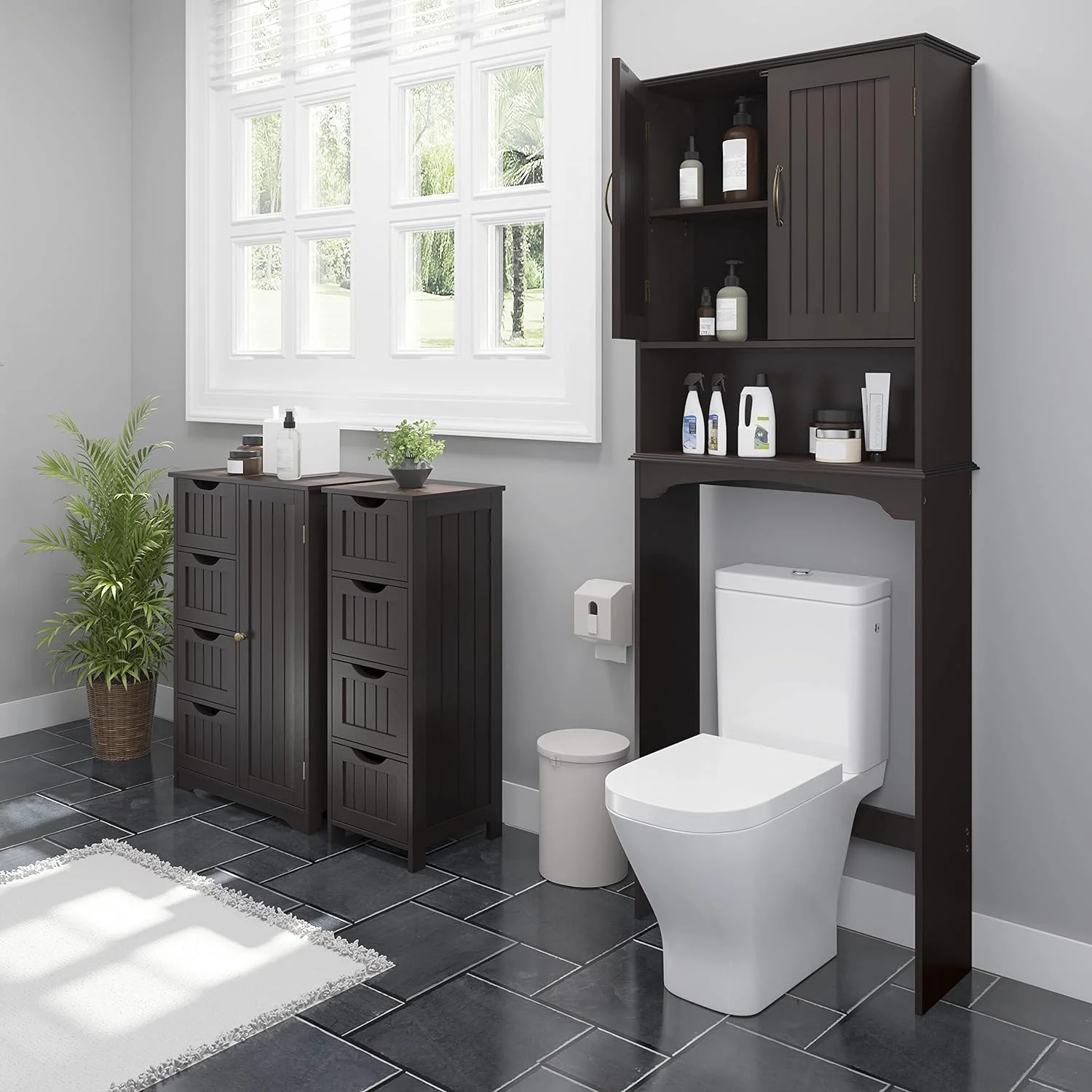 Over The Toilet Storage Cabinet Bathroom Organizer With Adjustable Shelf & Double Doors For Toilet, Home Space-Saving Furniture, L24.5Xw9xh66 Inches, Espresso