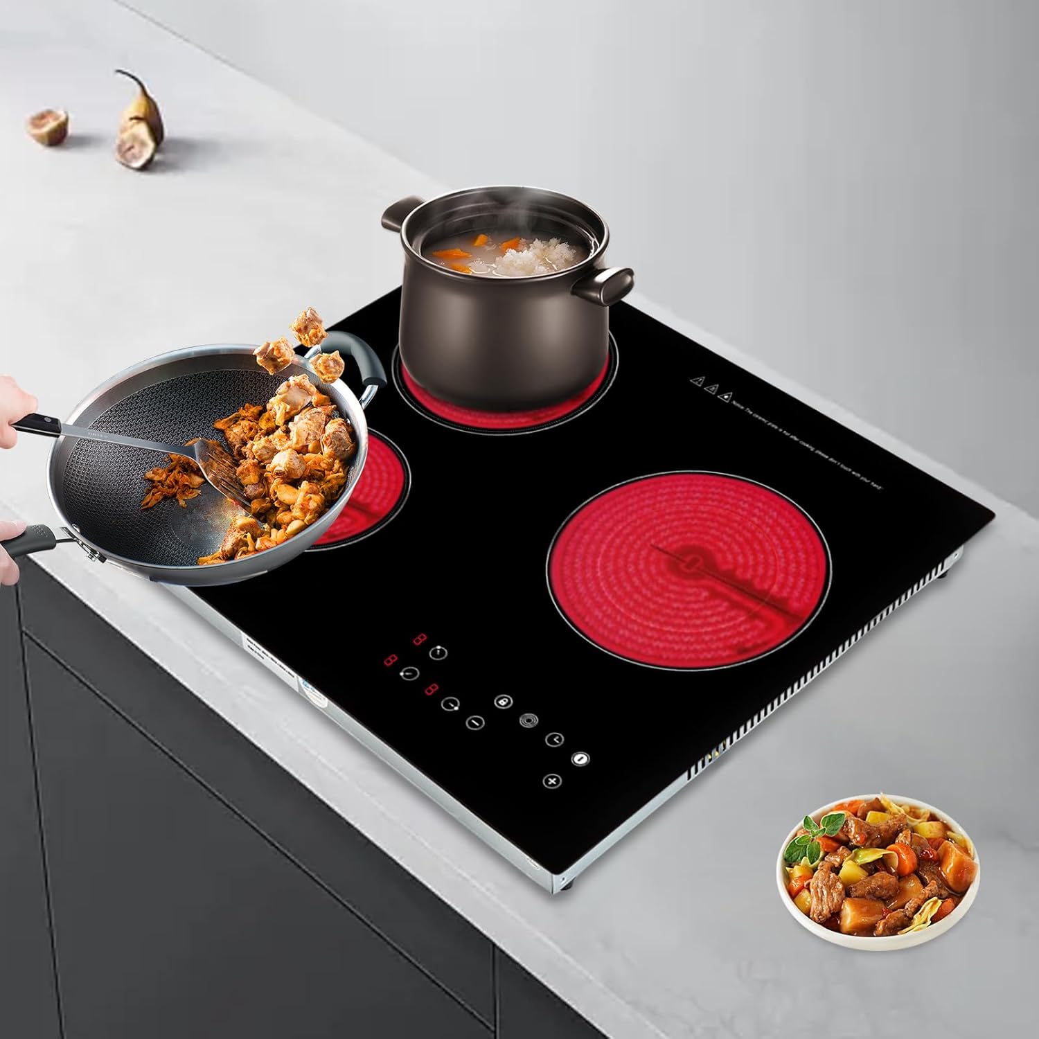 2600W 110V 3 Burners Portable Infrared Cooker Sensor Touch Control Electric Ceramic Cooktop 9 Heating Level Radiant Electric Stove Top with Timer Child Safety Lock (no plug)