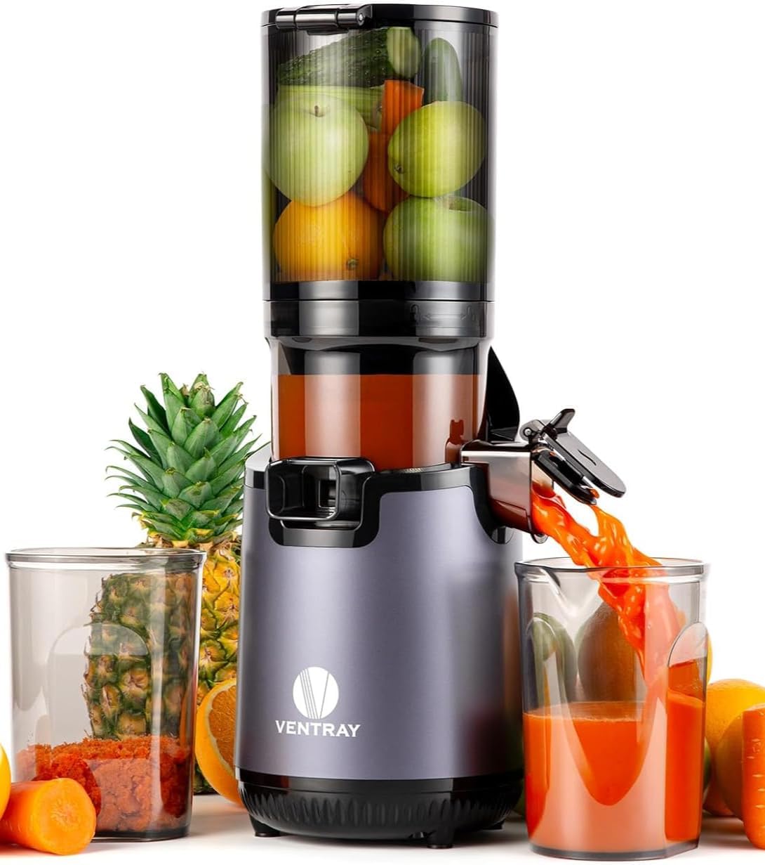 Ventray Slow Masticating Juicer Cold Press Juicer with 5.3" Extra Large 130mm Wide Feed Chute Electric Slow Juicer Machine Fit Whole Fruits Vegetables, High Juice Yield, Easy to Clean with Brush