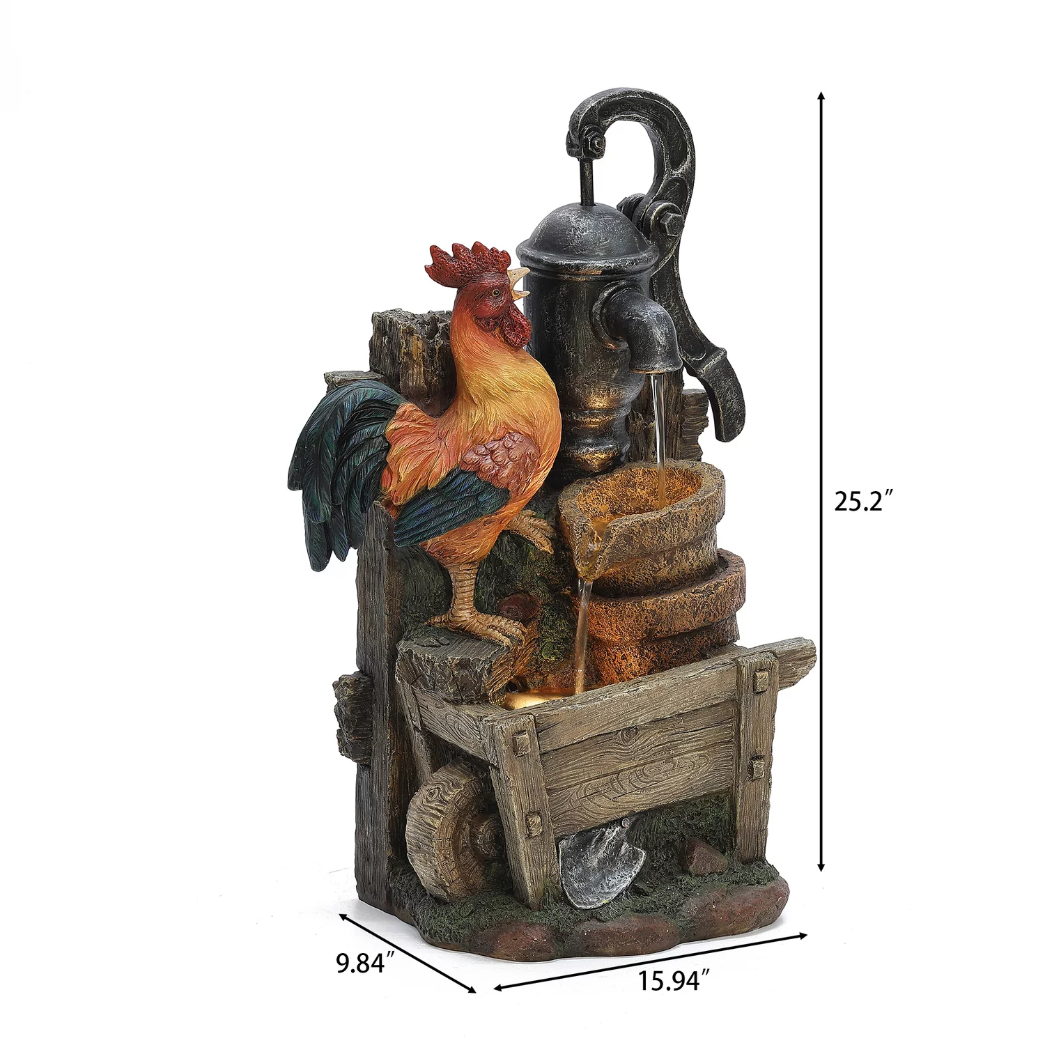 LuxenHome Farmhouse Pump and Rooster Resin Outdoor Fountain with LED Lights