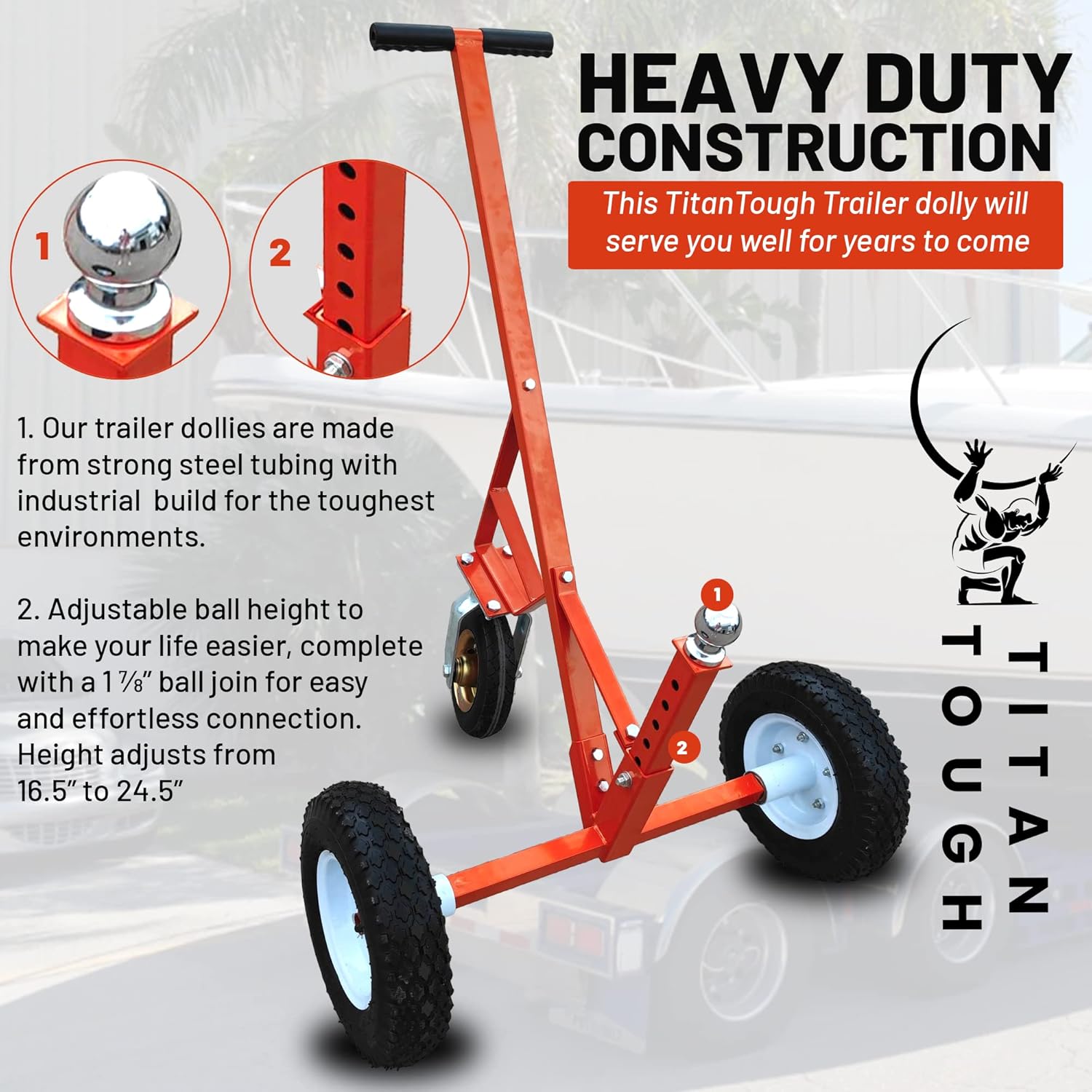 Titan Tough Adjustable Trailer Dolly with Caster Tow Dolly Jetski Dolly Trailer Mover with 2 Inch Ball