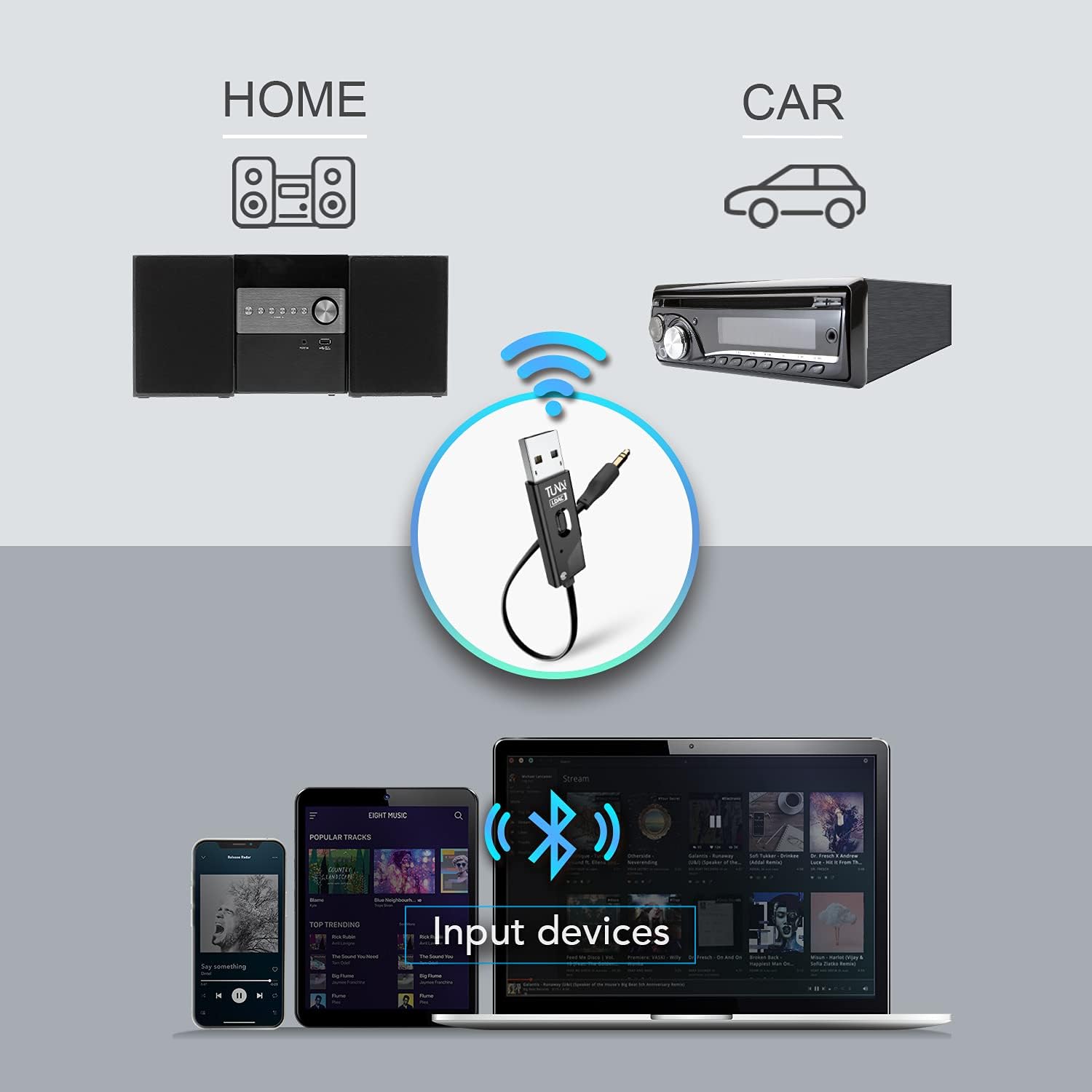 TUNAI Firefly Chat LDAC Bluetooth Adapter - Hifi Wireless Bluetooth 5.0 Receiver with USB DAC 3.5mm AUX for Car/ Home Stereo Music Streaming & Hands-Free Calls - Auto On, No charging needed (Black) Pack of 2