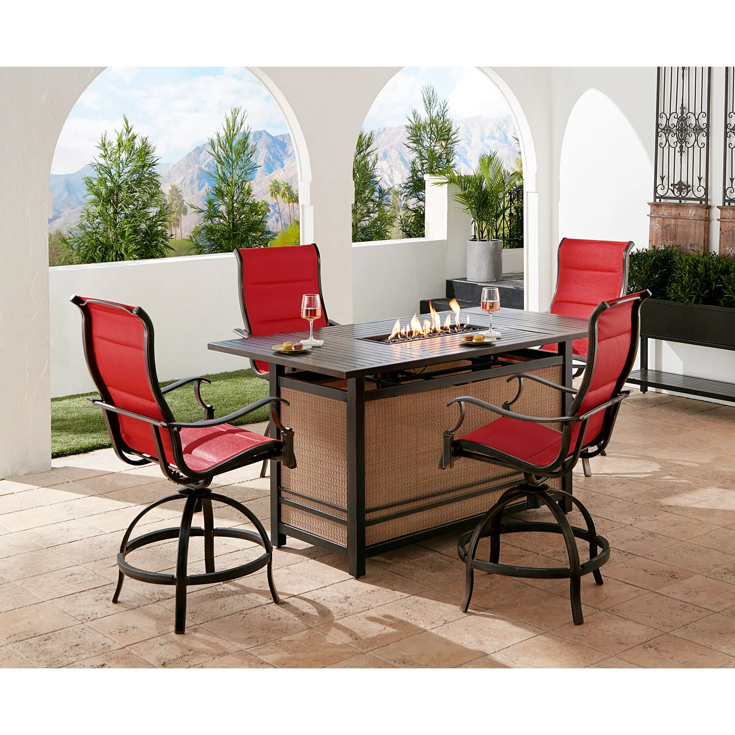 Hanover Traditions 5-Piece Outdoor High Dining Fire Patio Set, 4 Counter-Height Padded Sling Swivel Chairs and Slat-Top Gas Fire Pit Aluminum Table, Brushed Bronze Finish, Rust-Resistant, All-Weather - Curated Treasures Market