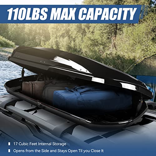 Auto Dynasty Hard Shell Roof Top Mount Car Storage Travel Luggage Box Cargo Carrier, 53 (L) x 34 (W) x 15 (H) Inches, Capacity 110 Pounds, 11 Cubic Feet (Tool-Free Install), Glossy Black Finish