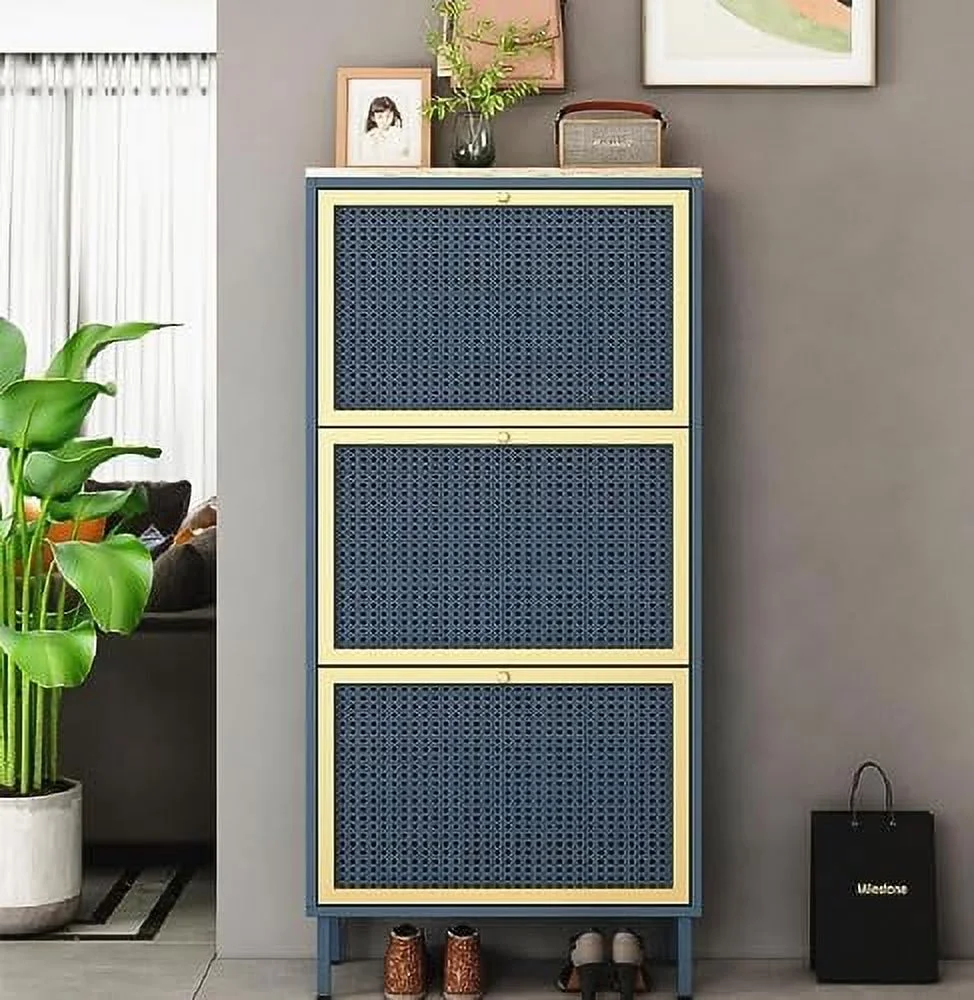 HOOMHIBIU Metal Shoe Cabinet with 3 Flip Drawers  Slim Shoe  Cabinet for Entryway  Narrow 3-Tier Shoe Rack Cabinet  Freestanding Hidden Shoe Organizer Cabinet for Hallway  Living Room (Bl