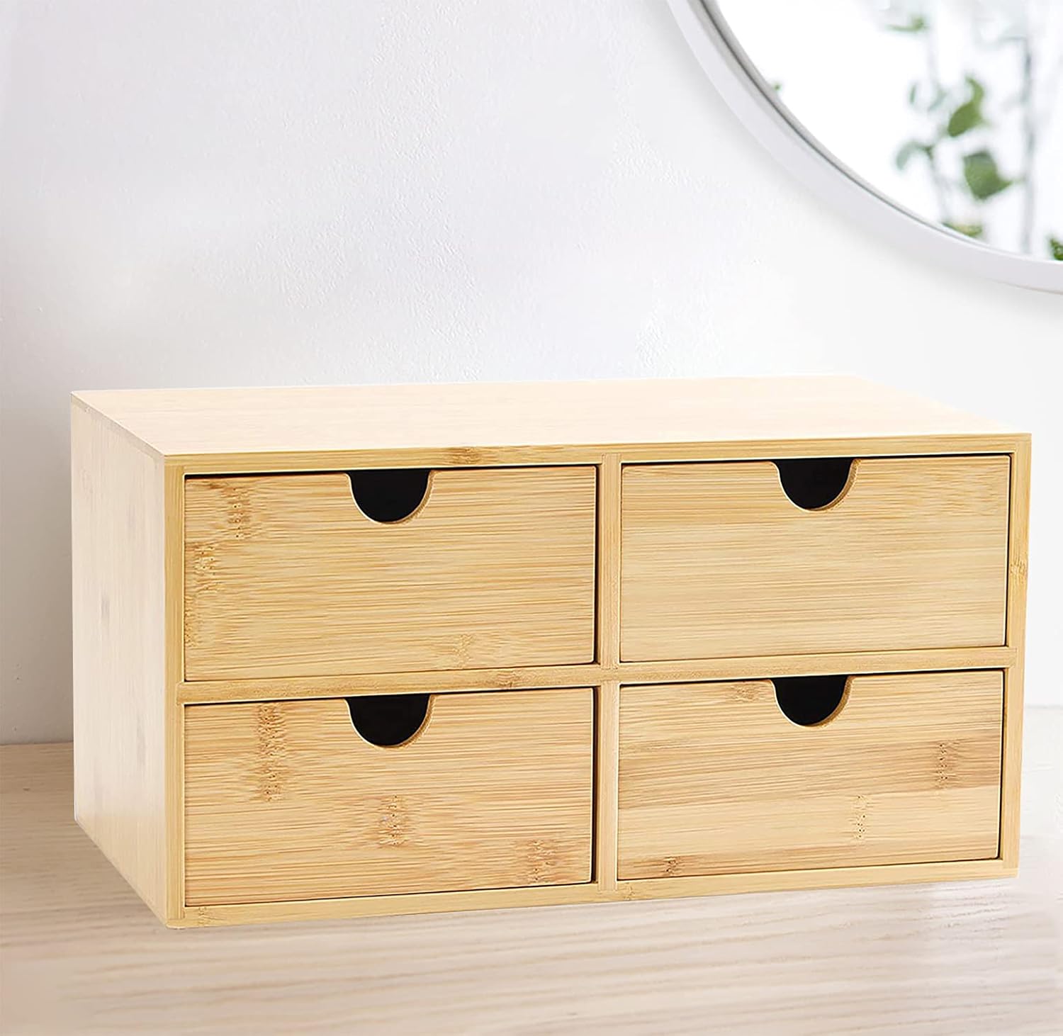 Wisdture Mini Storage Box with Drawers,Practical Office Storage Bins,Bamboo Desk Sets and Accessories Suitable for Office,Bedroom,Dressing Table,Large Desk Organizer(3 Drawer with Tall Drawer)