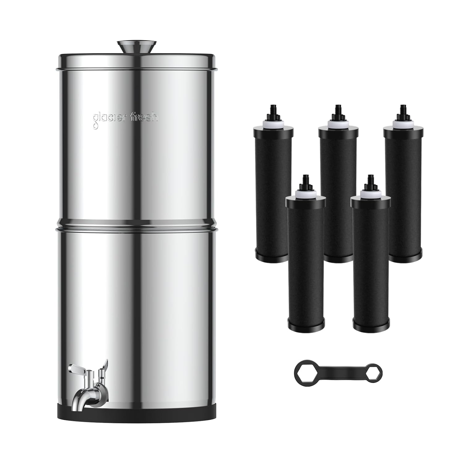 GLACIER FRESH Gravity-fed Water Filter System, 2.25G Stainless-Steel System with 5 Filters