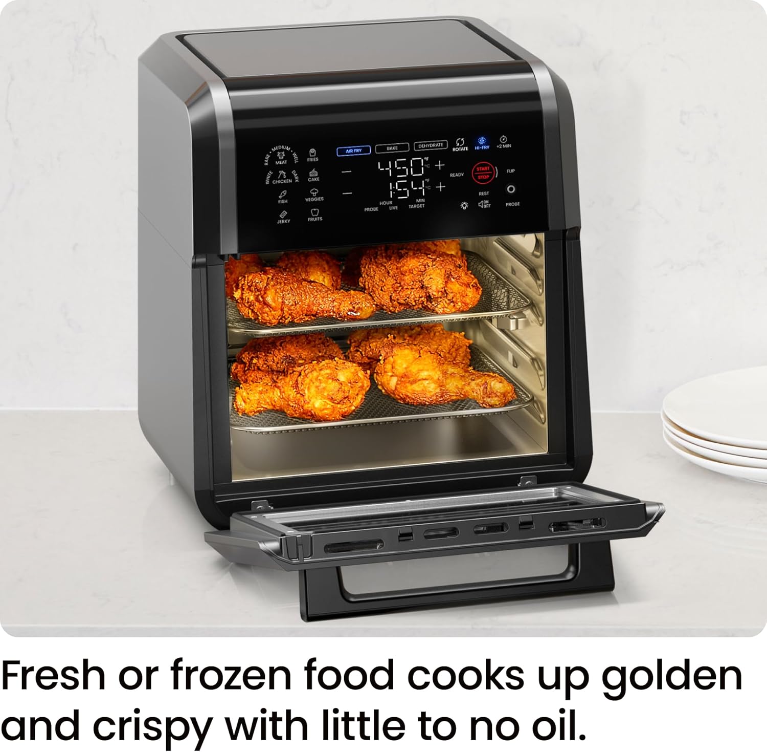 CHEFMAN ExacTemp™ 12 Quart 5-in-1 Air Fryer with Integrated Smart Cooking Thermometer, 28 Touchscreen Presets, Rotisserie, Dehydrator, Bake, XL Convection Oven with Auto Shutoff, Black