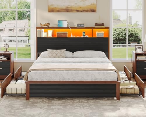 VIAGDO Wood Bed Frame Full Size with 4 Storage Drawers and Charging Station, Fluted Led Full Bed Frame with 2 Tier Storage Headboard, No Box Spring Needed,Wood