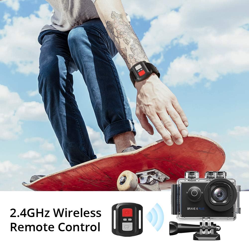 AKASO Brave 6 Plus Native 4K30FPS 20MP WiFi Action Camera with Touch Screen EIS 4X Zoom Voice Control Remote Control 131 Feet Underwater Camera with 2X 1350mAh Batteries and Helmet Accessories Kit