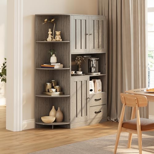 Gizoon 60.4" Farmhouse Kitchen Pantry Storage Cabinet with Doors and Adjustable Shelves, Large Kitchen Hutch with Drawers, Freestanding Cupboard for Dining Room, Living Room, Retro