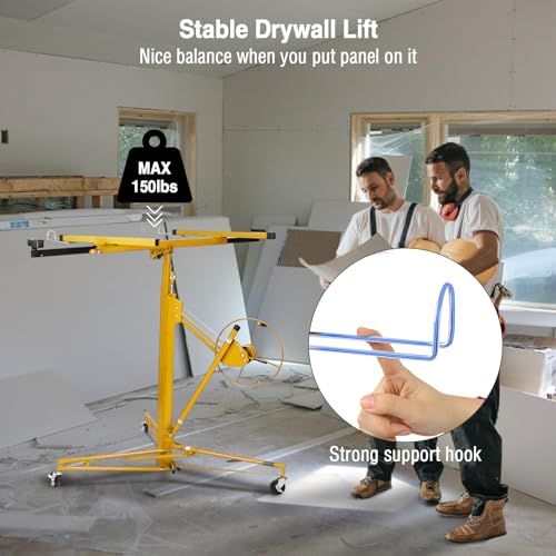 11FT Drywall Lift Panel Hoist Dry Wall Rolling Panel, Drywall Lift 150LBS Heavy Duty Lifter for Sheetrock, Construction Tools with Adjustable Telescopic Arm & 3 Lockable Wheels (Vintage Red)