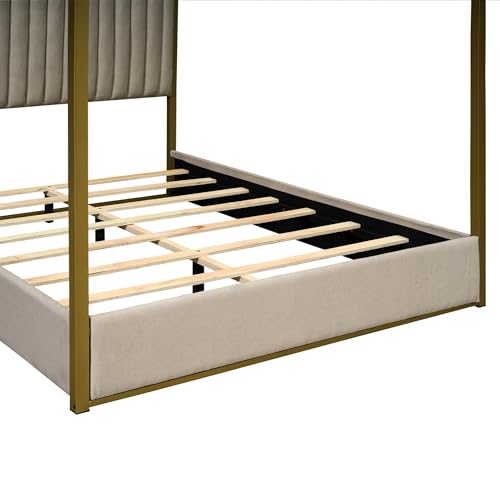 SOFTSEA Upholstery Canopy Platform Bed with Headboard and Metal Frame, Queen Size 4-Poster Canopy Floor Bed Frame for Kids Teens Bedroom, No Box Spring Needed, Beige