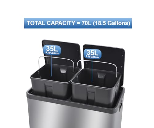 The Step N' Sort 18.5 Gallon Extra Large Capacity, Soft-Step, Dual Trash and Recycling Bin with Removable Inner Bins, Grey
