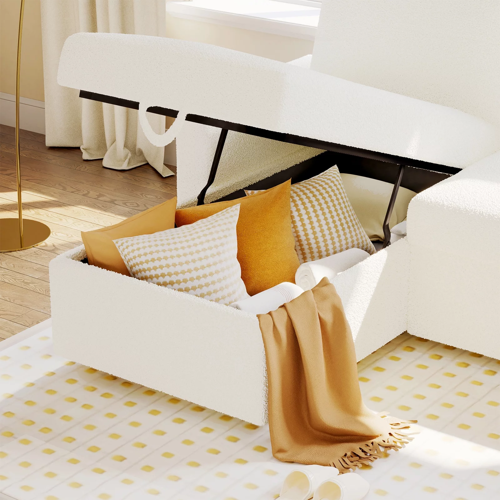 PaPaJet Sofa Bed, 2 in 1 Pull Out Couch with Storage Chaise for Living Room Office, White Sherpa