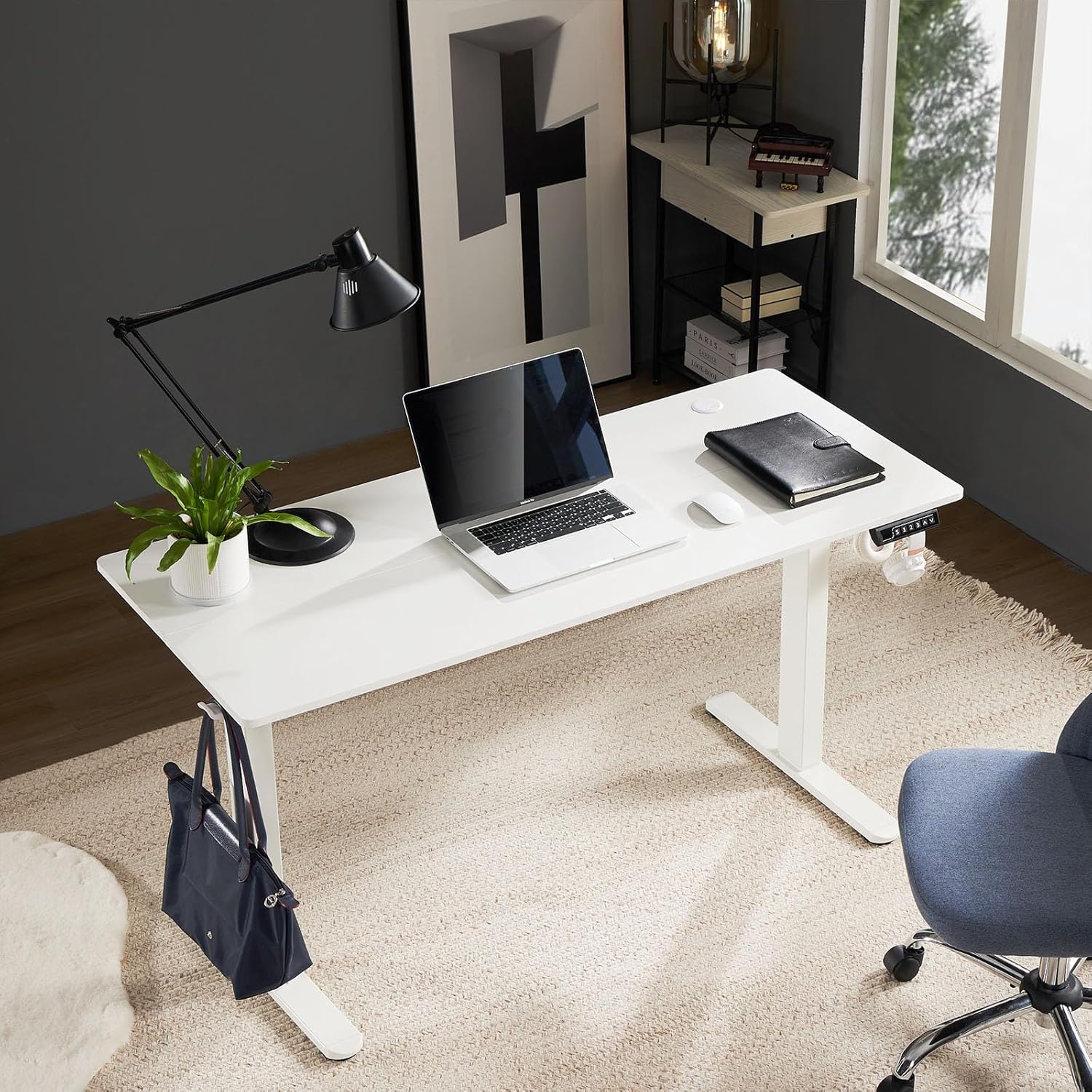 Sweetcrispy Electric Adjustable Height Standing Desk - 48 x 24 inch Sit to Stand Up Desk with Splice Board, Rising Home Office Computer Table with 2 Hook and Wire Hole for Work