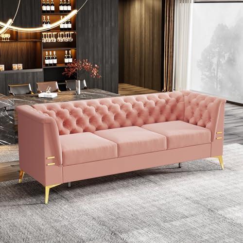 83.46'' Modern Chesterfield Velvet Sofa 3 Seater Fashion Couch with Gold Metal Legs Couches for Office,Living Room,Apartment,Furniture (83.46" White)