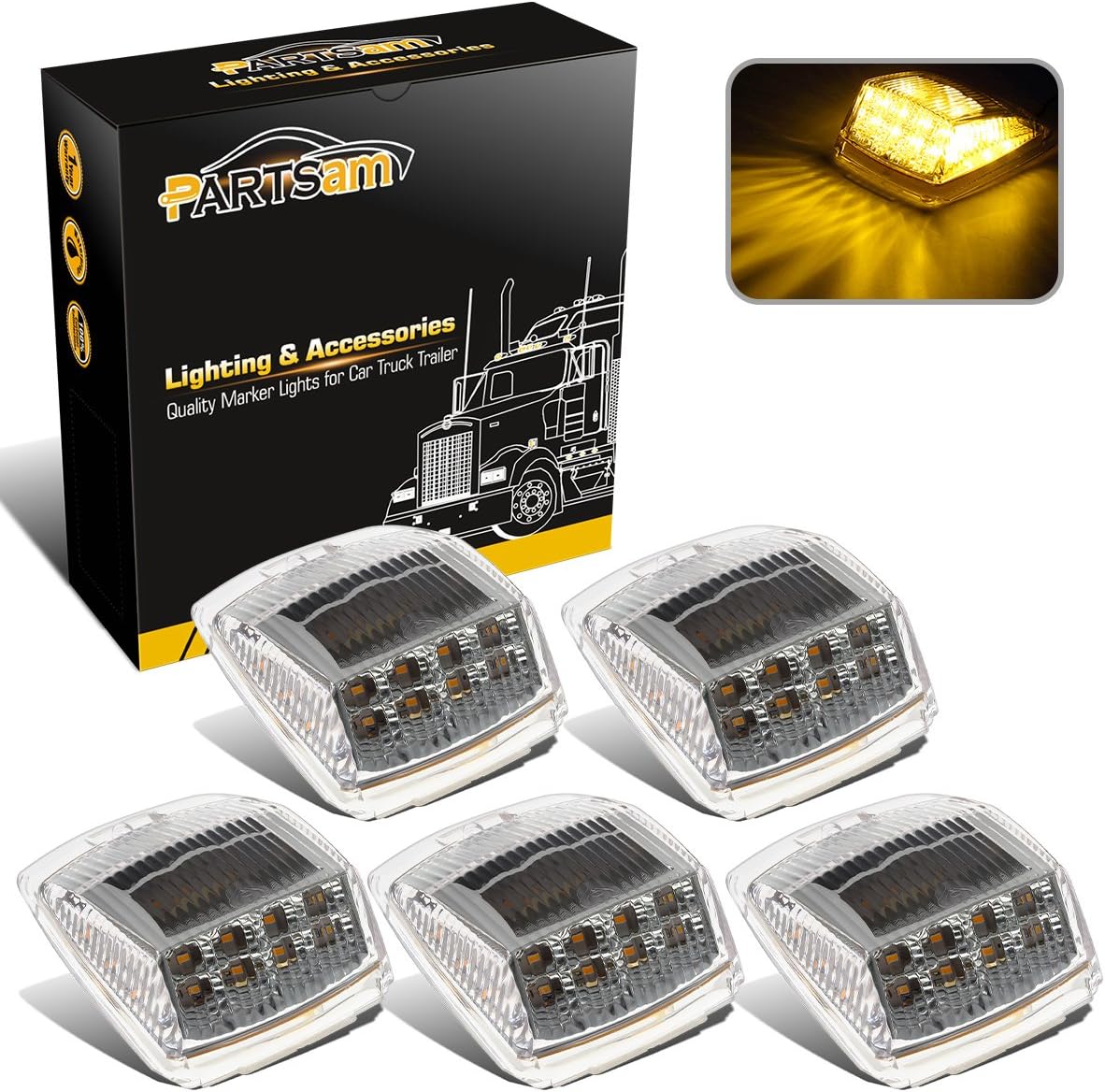 Partsam 5pcs 17 LED Clear Lens 5*3.75 Amber Cab Marker Top Roof Running Truck Cab Light Waterproof Top Reflective Lights Compatible with Peterbilt/Kenworth/Freightliner/Mack/