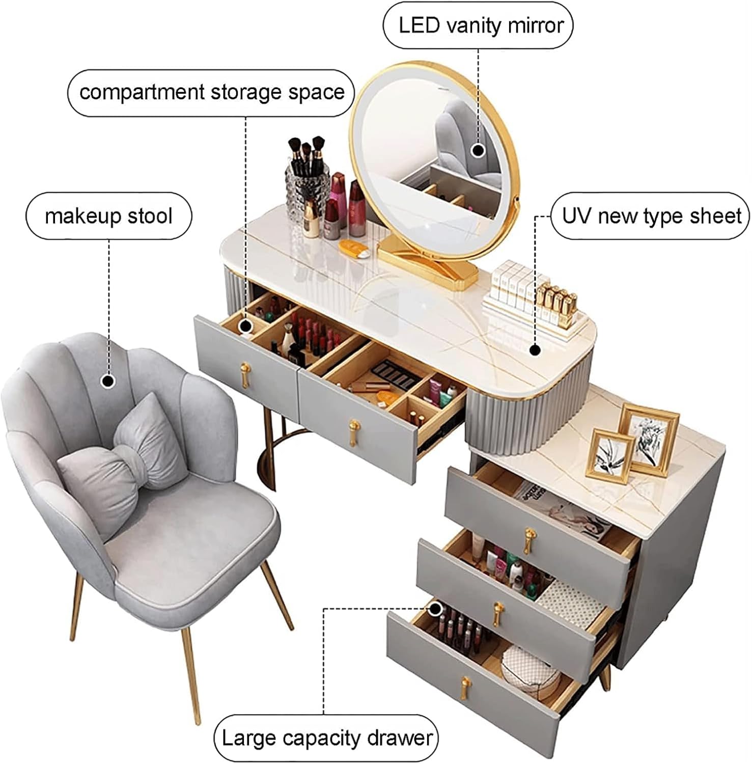 Vanity Table Vanity Desk Modern Vanity Desk with Mirror Dressing Table 5 Drawers Nightstand with Stainless Steel Legs Vanity Table with Back Chair Gorgeous