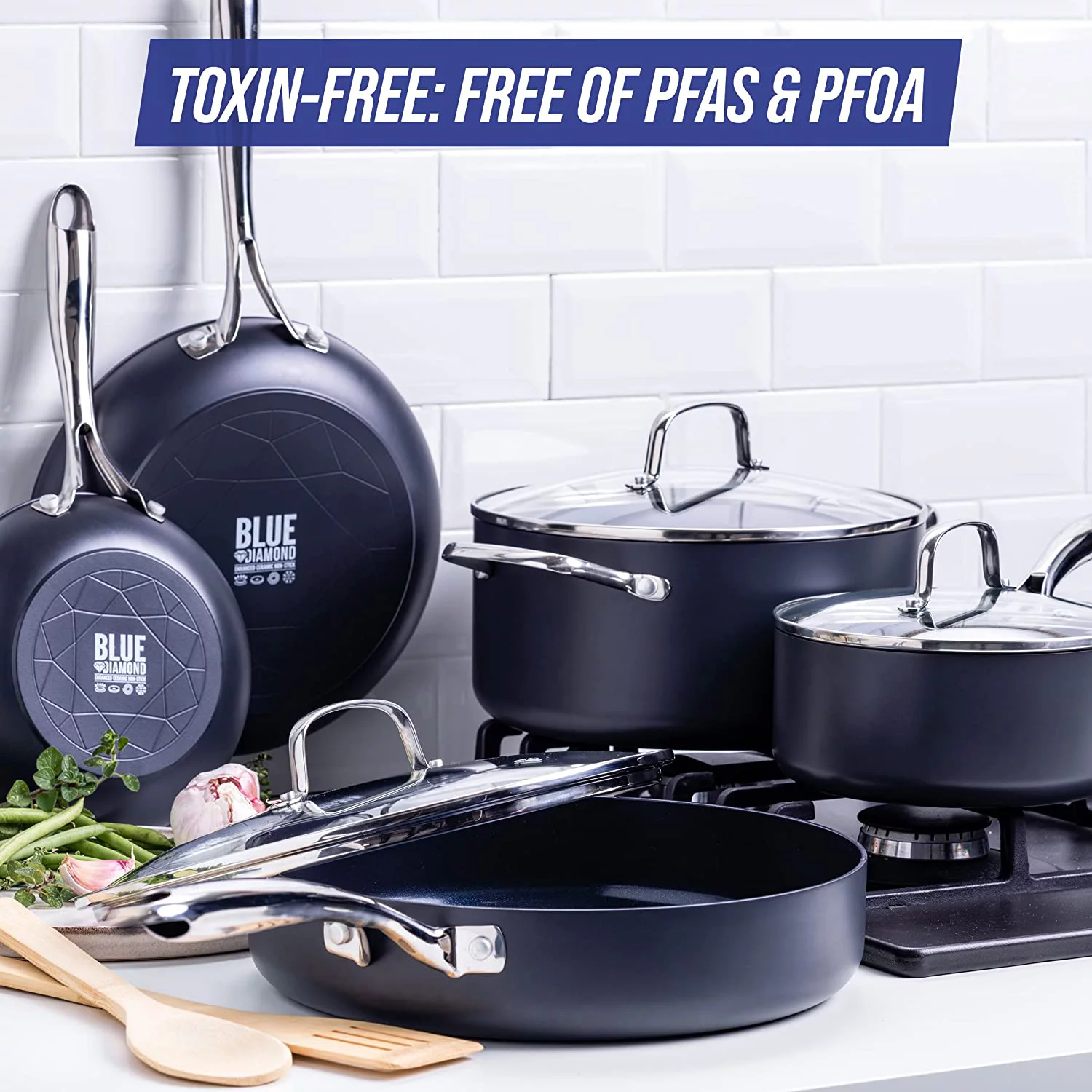 Blue Diamond Hard Anodized Toxin-Free Ceramic Nonstick Dishwasher, Oven, Broiler, Metal Utensil Safe Cookware Pots and Pans Set, 10-Piece