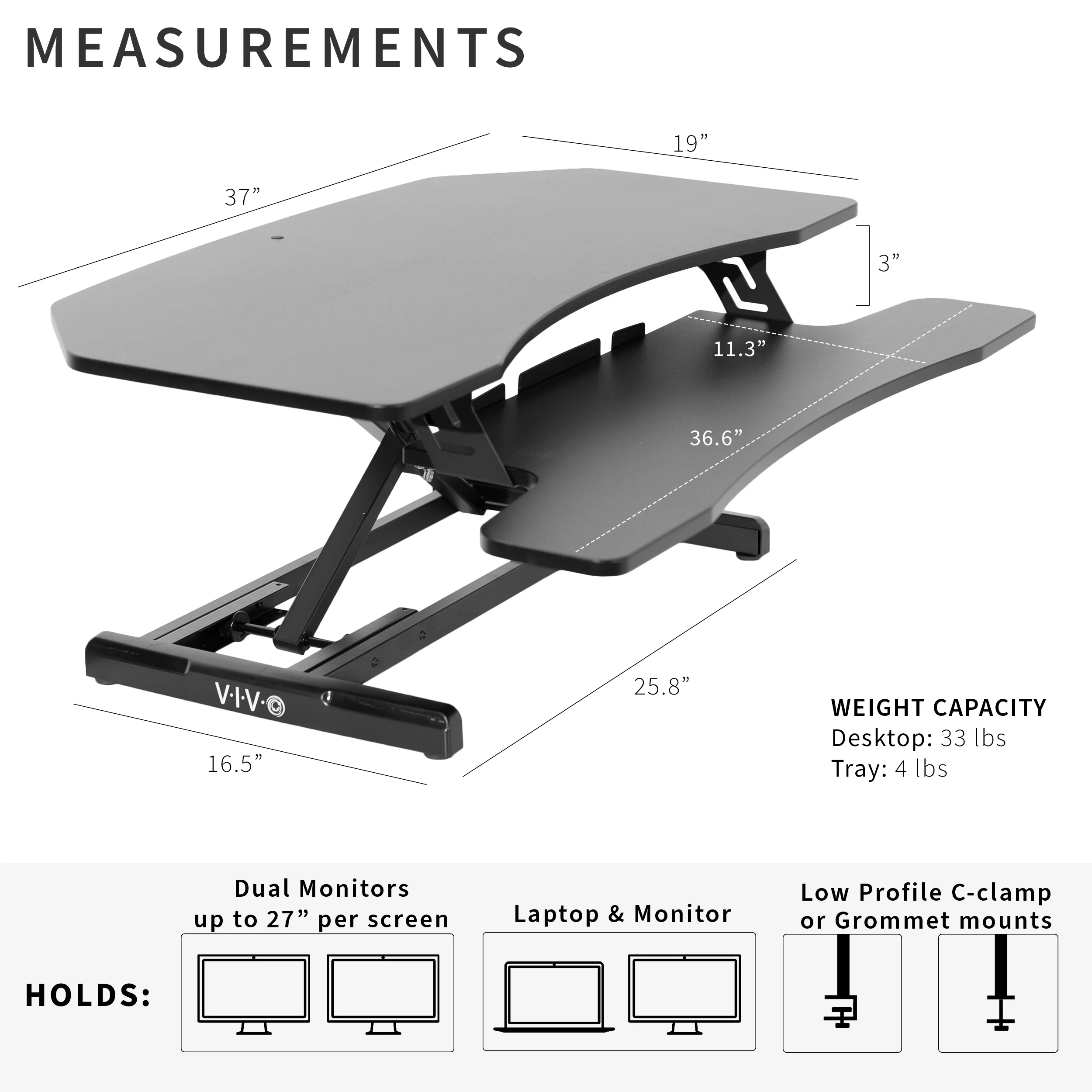 VIVO Black Corner Height Adjustable 38" Standing Desk Tabletop Monitor Riser