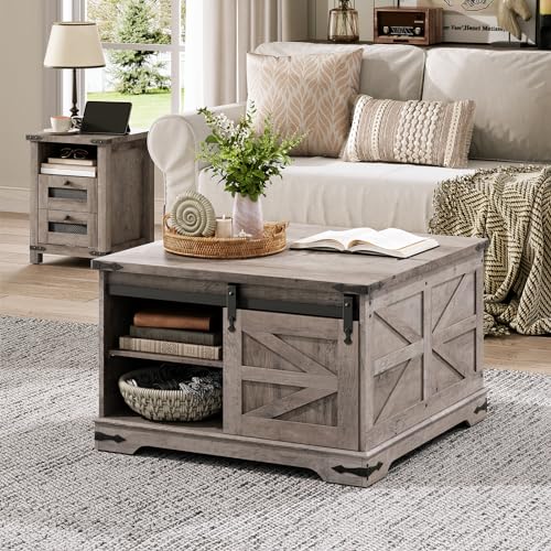 HOOBRO Farmhouse Coffee Table, Large Square Coffee Table for Living Room, Lift Top Coffee Table Square, Wooden White Coffee Table with Barn Door, Hidden Space, White and Walnut WH80KF01