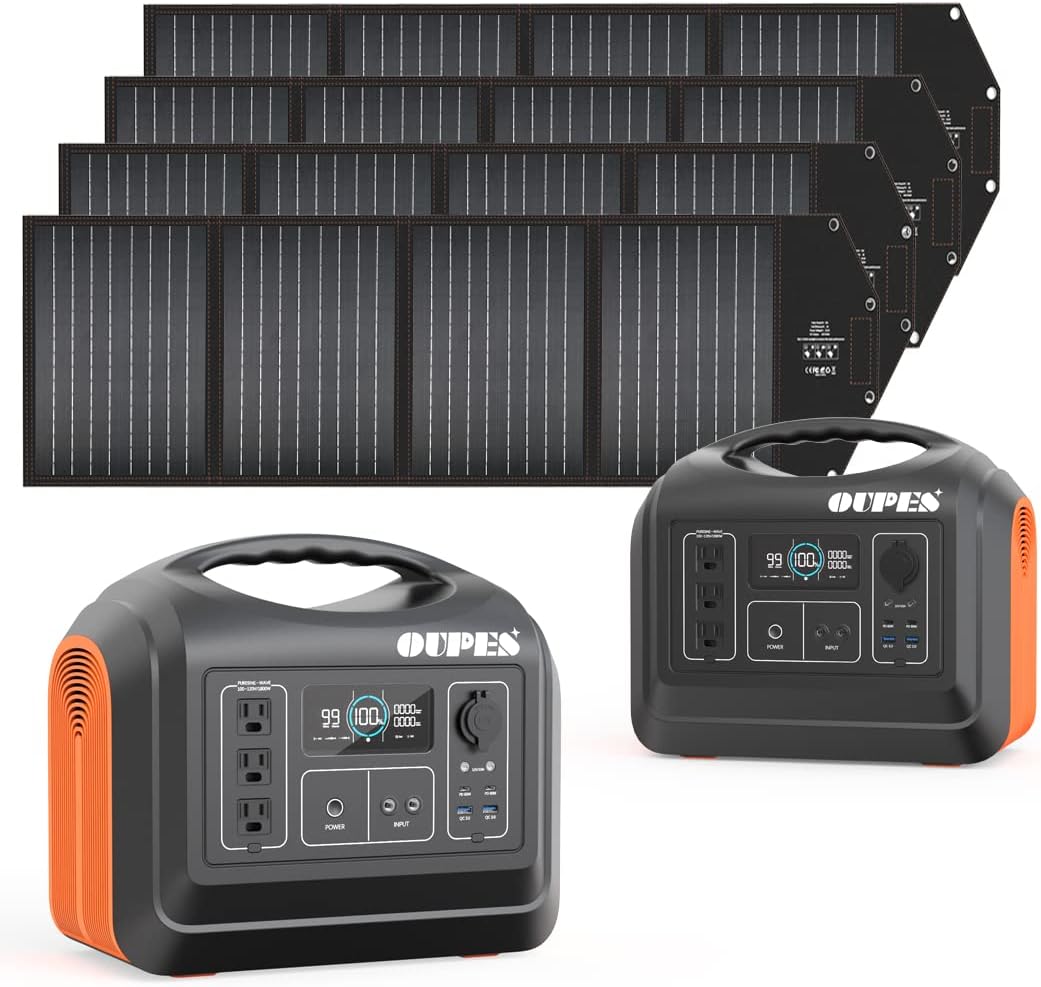 OUPES Solar Generator 1800W/1488Wh w/ 2 X 100W Foldable Solar Panel, Portable Power Station (Peak 4000W) 10 AC Outputs, LiFePO4 Battery w/ 3x 110V AC Outlets for Outdoors Adventure Travel Camping RV Emergency