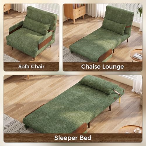 3-in-1 Convertible Chair Bed Sleeper for Adults, Linen Convertable Sleeper Chair with Wooden Arms & Pillows, Foldable Single Futon Sofa Bed (Mid Century with Walnut Arm, 36.6" Wide)