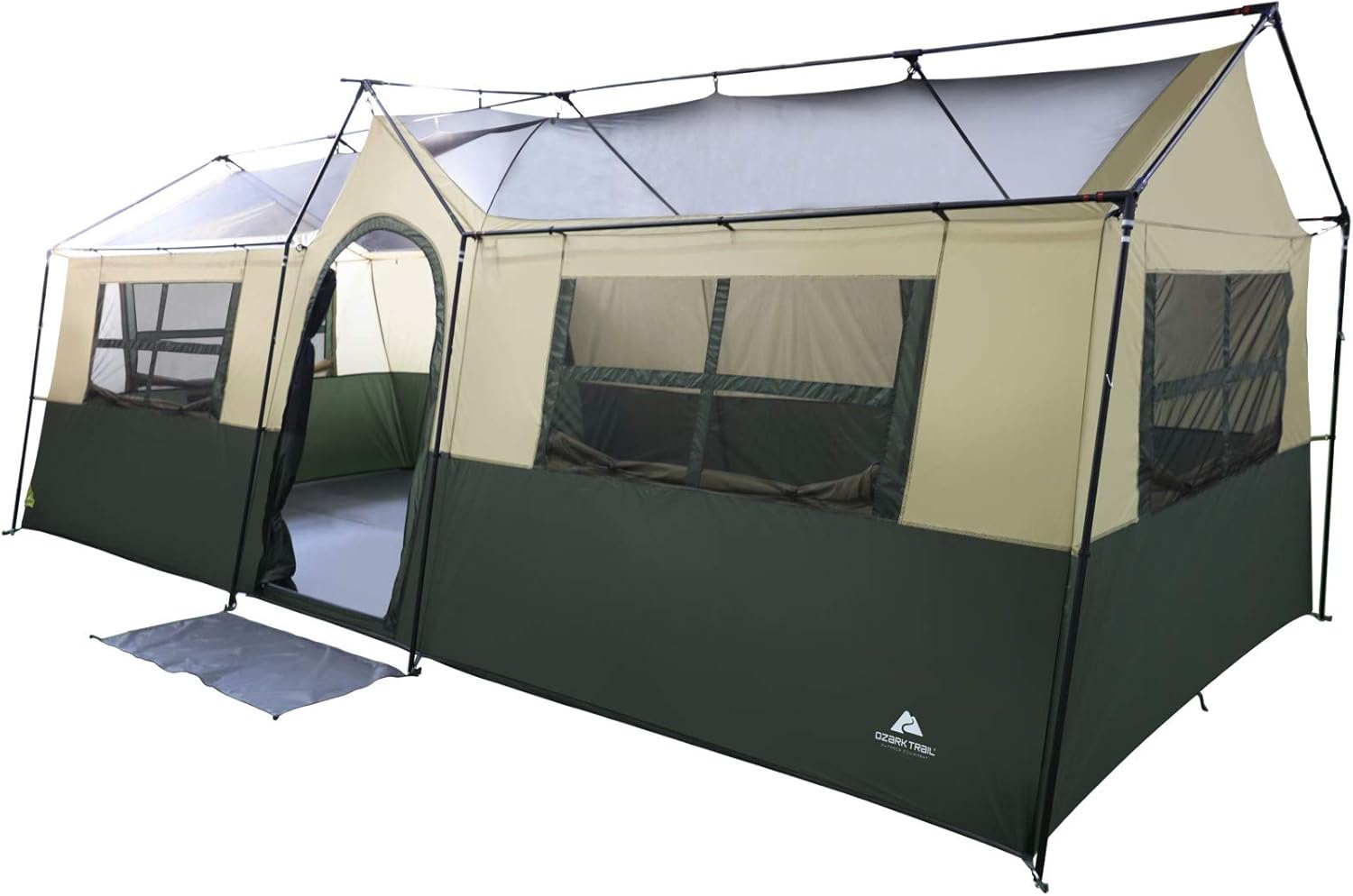 Spacious and Comfortable Ozark Trail Hazel Creek 12 Person Cabin Tent,with Two Closets with Hanging Organizers,Room Dividers,Mud Mat,E-Port and Rolling Storage Duffel for Convenience,Green