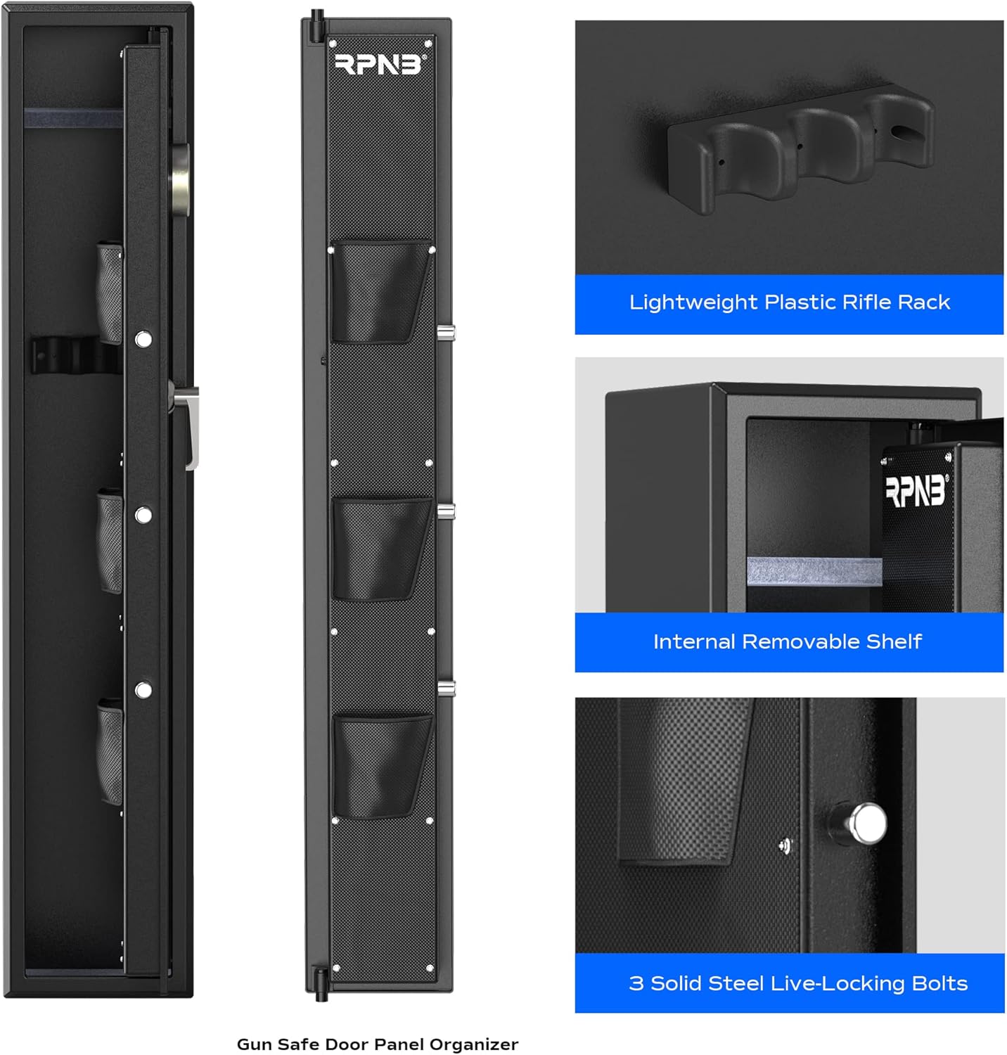 RPNB Large Biometric Rifle Safe, 3-Gun Electronic Gun Security Cabinet, Quick-Access Fingerprint Long Metal Rifle Gun Security Cabinet with Removable Shelf, Door Organizer