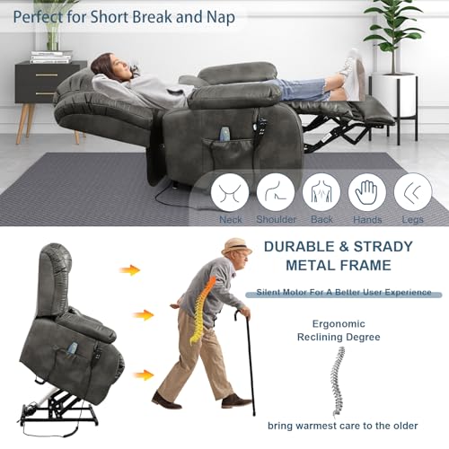 Dual Motor Power Lift Chair Lay Flat Recliner with Massage and Heat,Lift Recliner Chairs for Elderly w/Waist Pillow,USB Ports & Remote Controls,Extended Footrest,Breathable Leather (Brown)