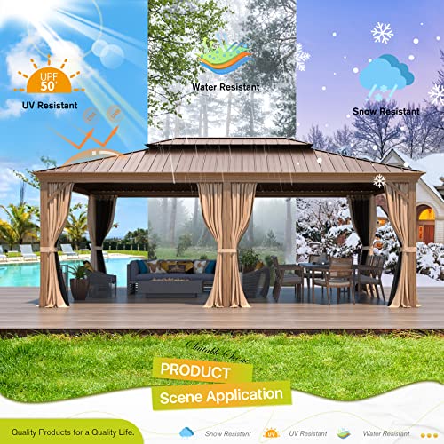 MELLCOM 12'x16' Hardtop Gazebo, Galvanized Steel Metal Double Roof Canopy with Curtains and Netting, Brown Permanent Pavilion Gazebos with Aluminum Frame for Garden, Patio, Lawns, Deck