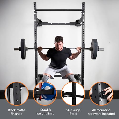 PRx Performance Wall Mounted Folding Power Squat Rack - Heavy Duty Adjustable Pull Up Bar, Space Saving Home Gym Equipment with Durable J-Cups, Ideal for Weight Lifting and Strength Training - Black