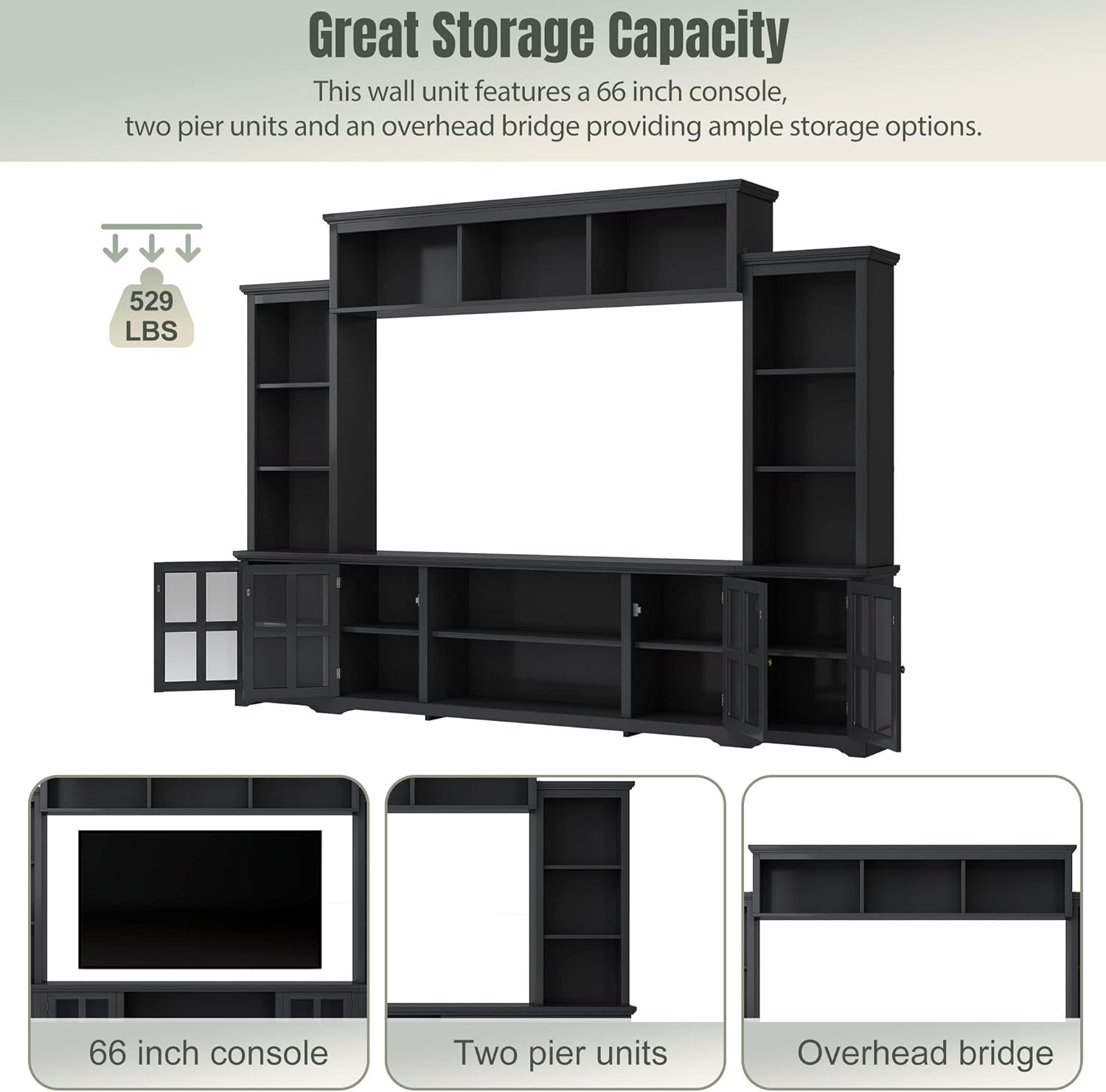 Modern Entertainment Wall Unit Bookshelves, Console Table Minimalism Multifunctional Stand for TVs Up to 70" with Glass Doors & Shelves for Living Room,Home Theater,Black, with Bridge
