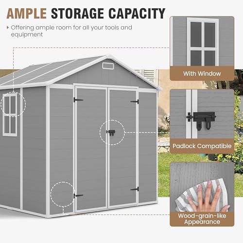 Outdoor Storage Shed, 6x6 FT Resin Shed with Floor and Lockable Door, Window, Vents, Tool Sheds and Outdoor Storage for Bike, Garden Accessories, Tools, Waterproof (Grey & White)