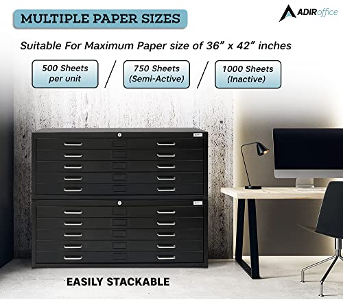 AdirOffice Flat File Cabinet - Heavy Duty 5-Drawer Blueprint Sheets Storage, 41" x 53" Great for Documents Sized 36” x 48”, Ideal for Artists, Art Files, Engineers, Architects, Offices - Black