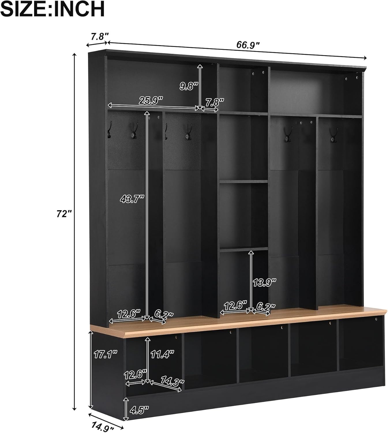 Wide Design 72''H Hall Tree with Storage Bench, Multifunctional Coat Rack with Minimalist Shoe Cabinet, Cube Storage & Shelves and 8 Hooks for Entryways, Mudroom, Black