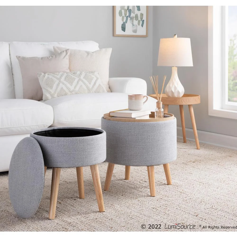 Lumisource Tray Contemporary Storage Ottoman with Matching Stool in Light Grey Fabric and Natural Wood Legs