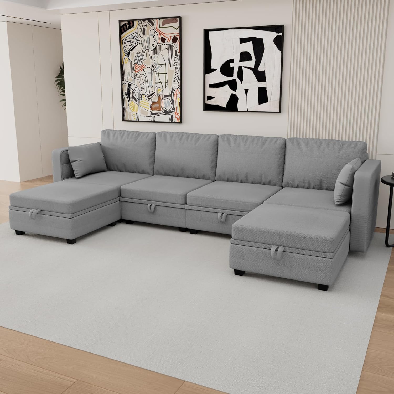 UBGO Living Room Furniture Set,U-Shape, 110" Extra Wide Reversible Chaise,Modular Sofa with Storage, Cozy Linen 6-seat Convertible Sectional Couch (Gray)