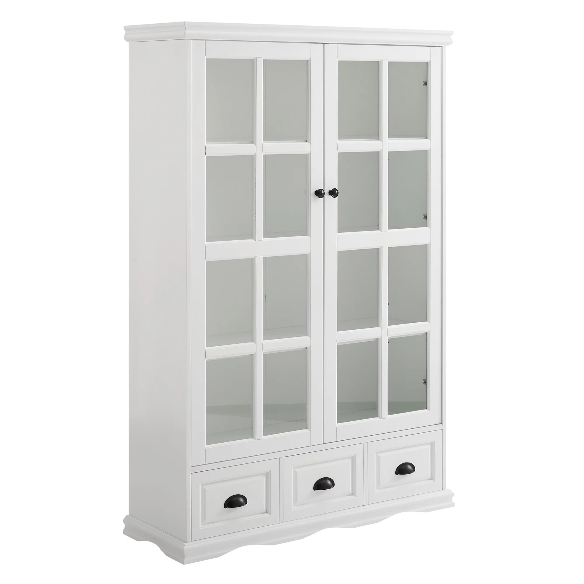 Storage Cabinet with Tempered Glass Doors Curio Cabinet with Adjustable Shelf Display Cabinet with Triple Drawers, White